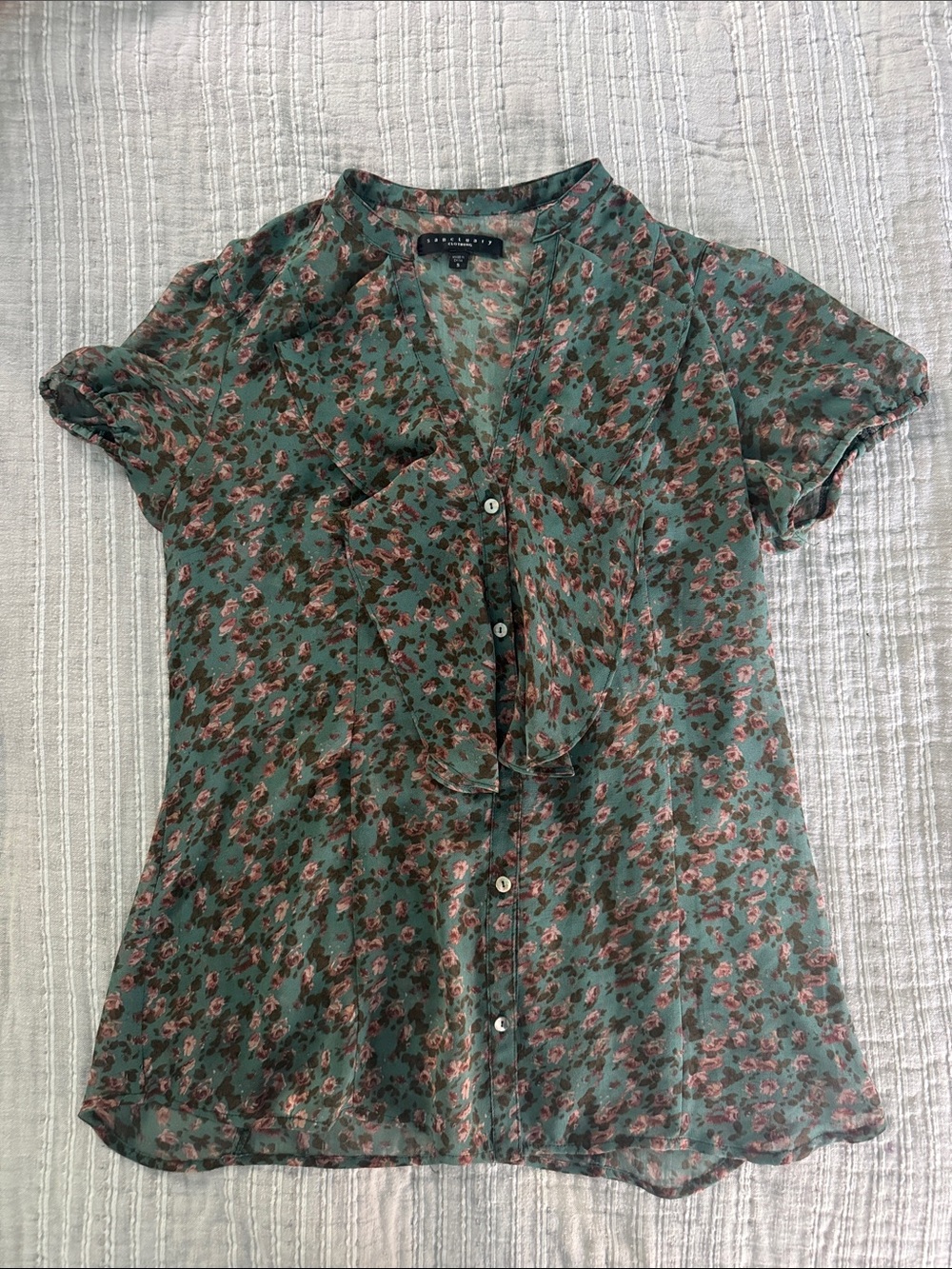 Sanctuary Teal Floral Ruffle-Front Blouse